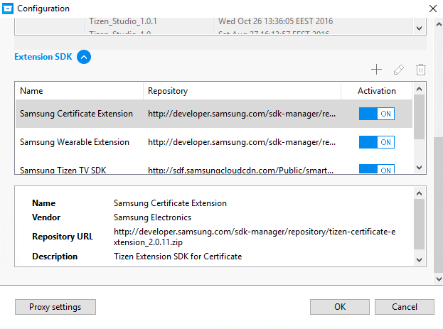 Configuration window with the Extension SDK unfolded
