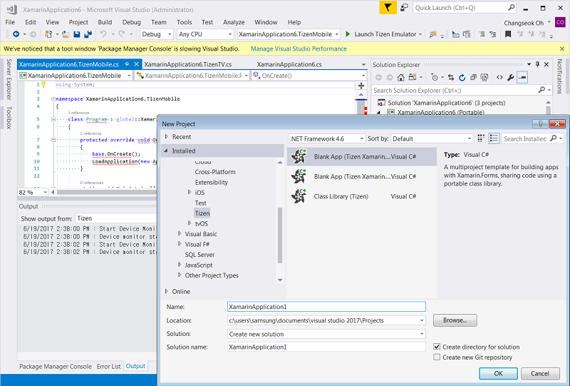 Visual Studio Tools for Tizen > Project Wizard