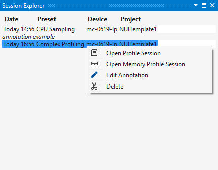 Session's entry Context menu