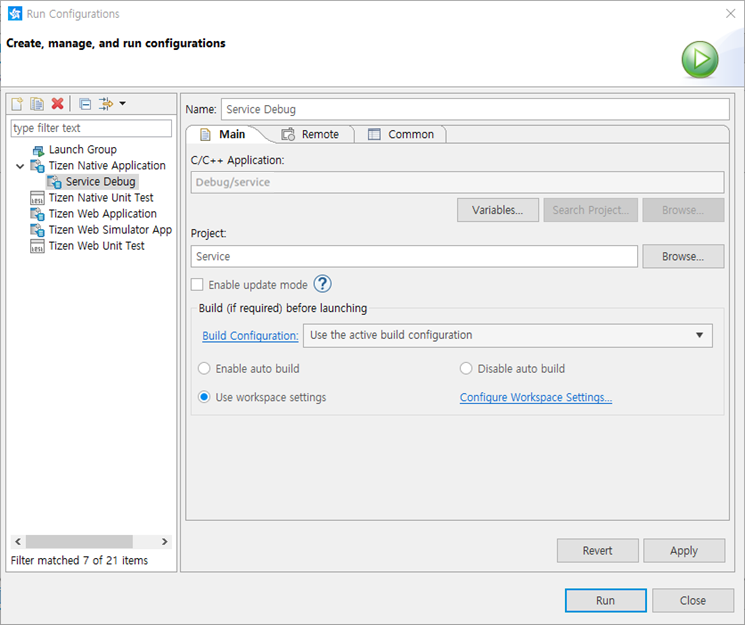 Run Configurations window