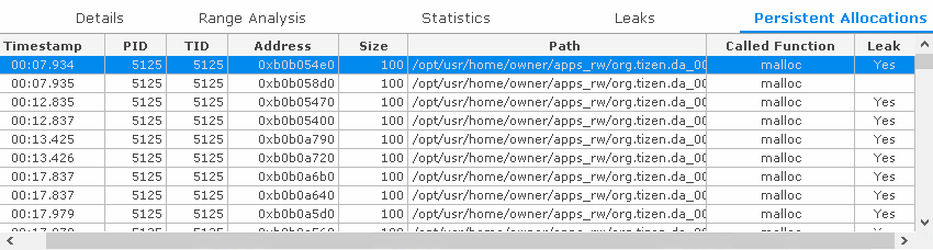 Persistent Allocations table with the Leak column