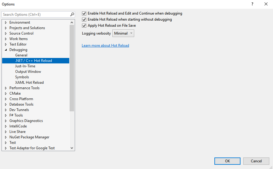 Tizen options page to enable .NET Hot Reload