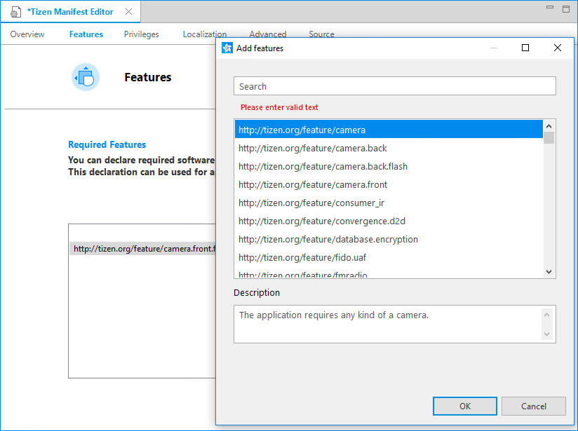 Editing the feature element in the manifest editor