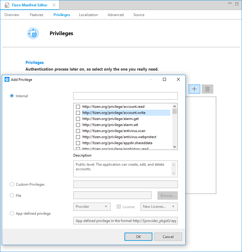 Editing the privileges element in the manifest editor